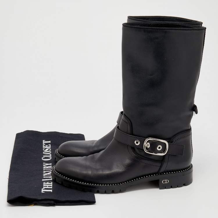 Pre Owned Dior Black Leather Crystal Embellished Buckle Detail Ankle Boots Size 37.5