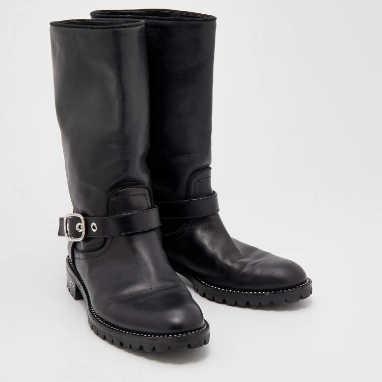 Pre Owned Dior Black Leather Crystal Embellished Buckle Detail Ankle Boots Size 37.5