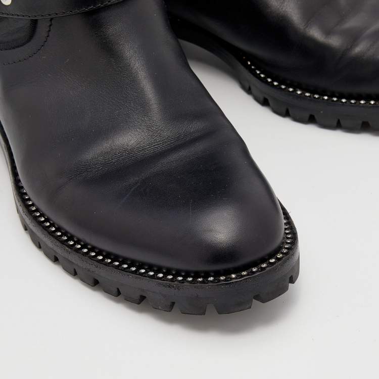 Pre Owned Dior Black Leather Crystal Embellished Buckle Detail Ankle Boots Size 37.5