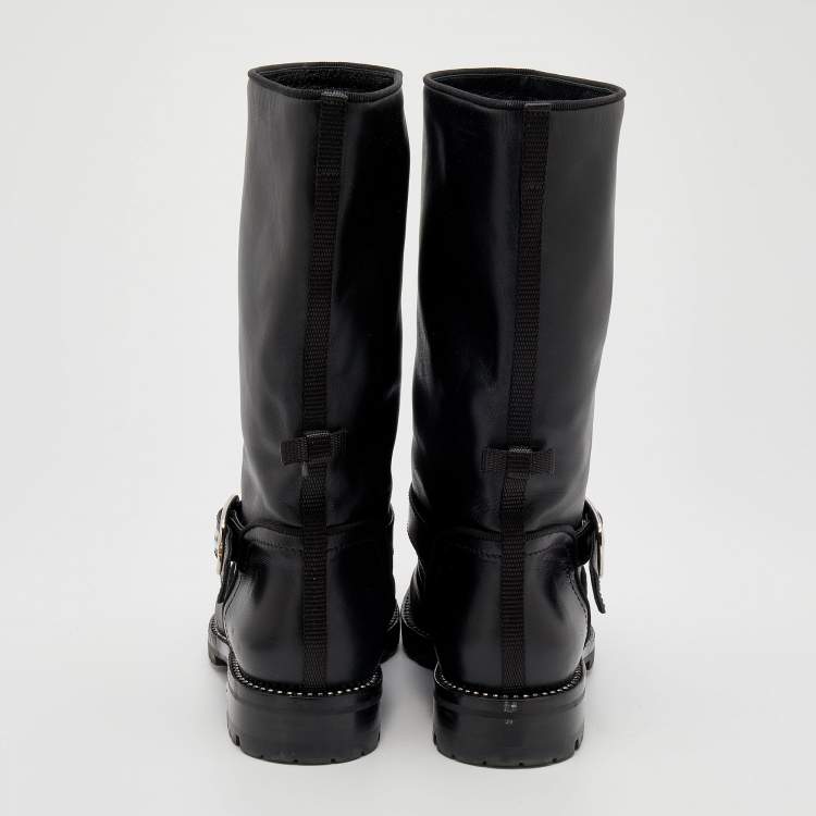 Pre Owned Dior Black Leather Crystal Embellished Buckle Detail Ankle Boots Size 37.5