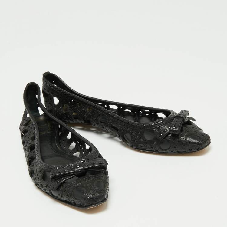 Pre Owned Dior Black Leather Cannage Cutout Bow Ballet Flats Size 37