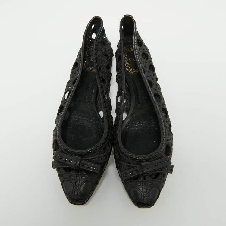 Pre Owned Dior Black Leather Cannage Cutout Bow Ballet Flats Size 37