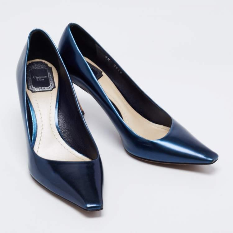 Pre Owned Dior Navy Blue Patent Leather Square Toe Pumps Size 38.5