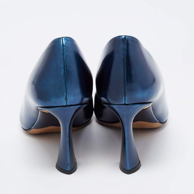 Pre Owned Dior Navy Blue Patent Leather Square Toe Pumps Size 38.5