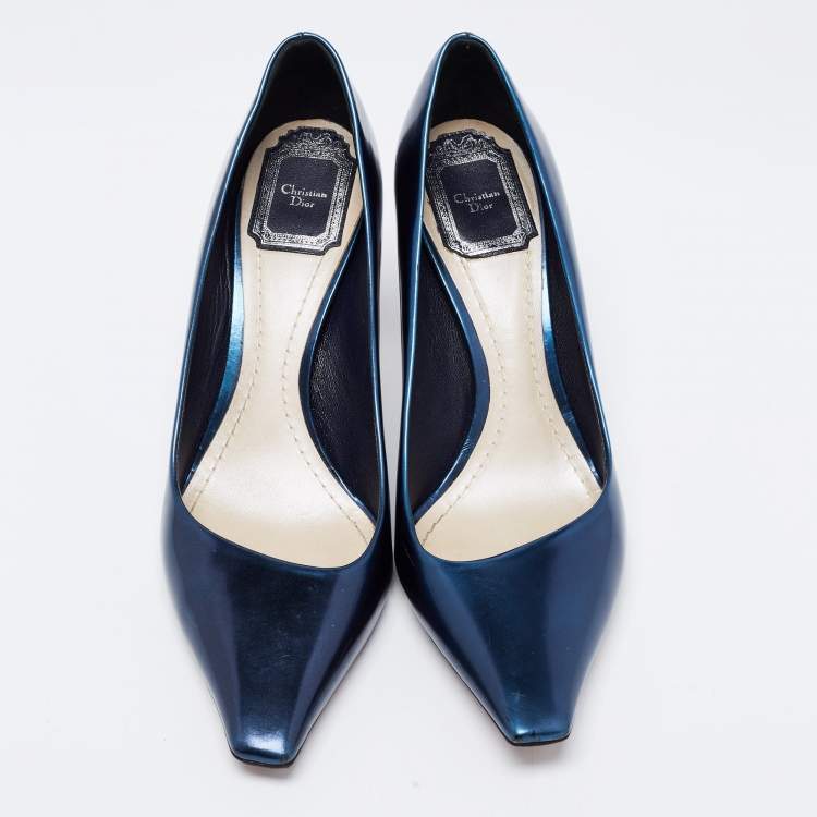 Pre Owned Dior Navy Blue Patent Leather Square Toe Pumps Size 38.5
