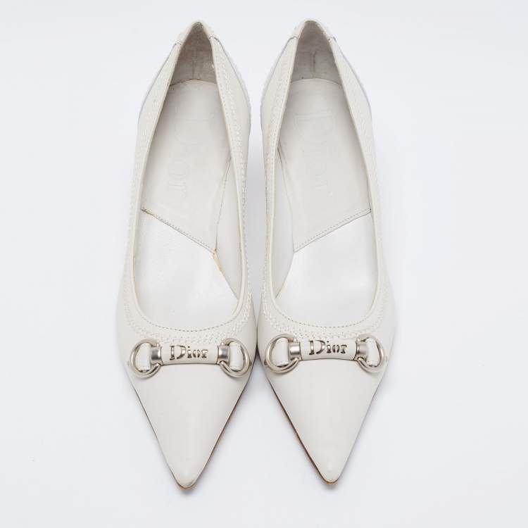 Pre Owned Dior White Leather Stitch Detail Pointed Toe Pumps Size 36