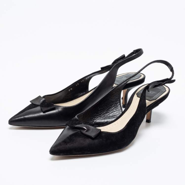 Pre Owned Dior Black Suede And Leather Bow Detail Slingback Sandals Size 37