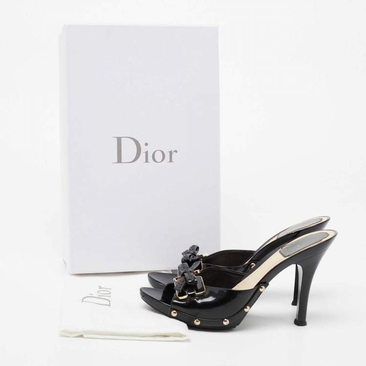 Pre Owned Dior Black  Patent Leather Bow Detail Peep Toe Sandals Size 36