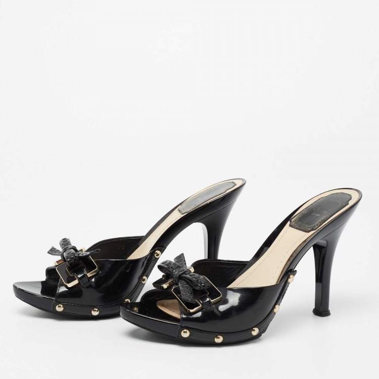 Pre Owned Dior Black  Patent Leather Bow Detail Peep Toe Sandals Size 36