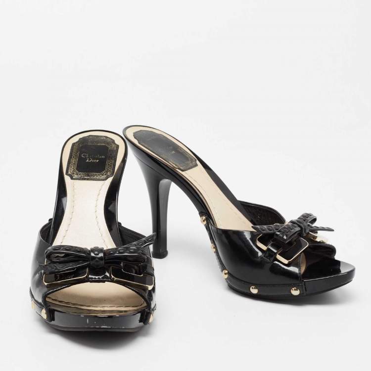Pre Owned Dior Black  Patent Leather Bow Detail Peep Toe Sandals Size 36