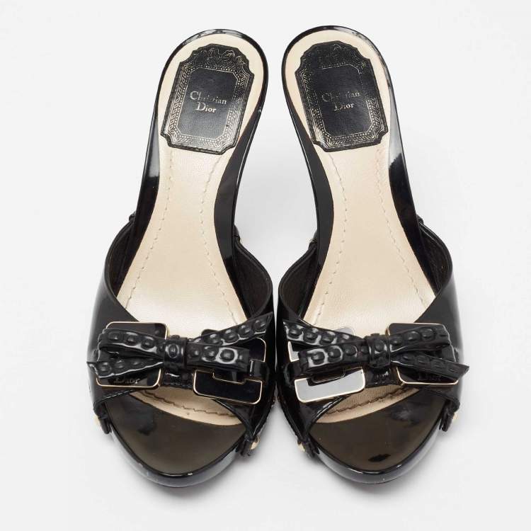 Pre Owned Dior Black  Patent Leather Bow Detail Peep Toe Sandals Size 36