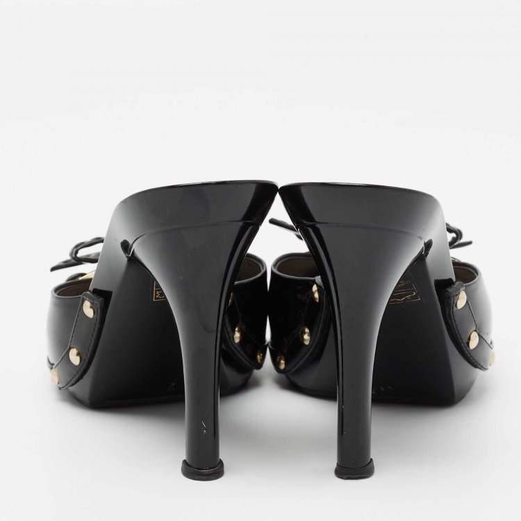 Pre Owned Dior Black  Patent Leather Bow Detail Peep Toe Sandals Size 36