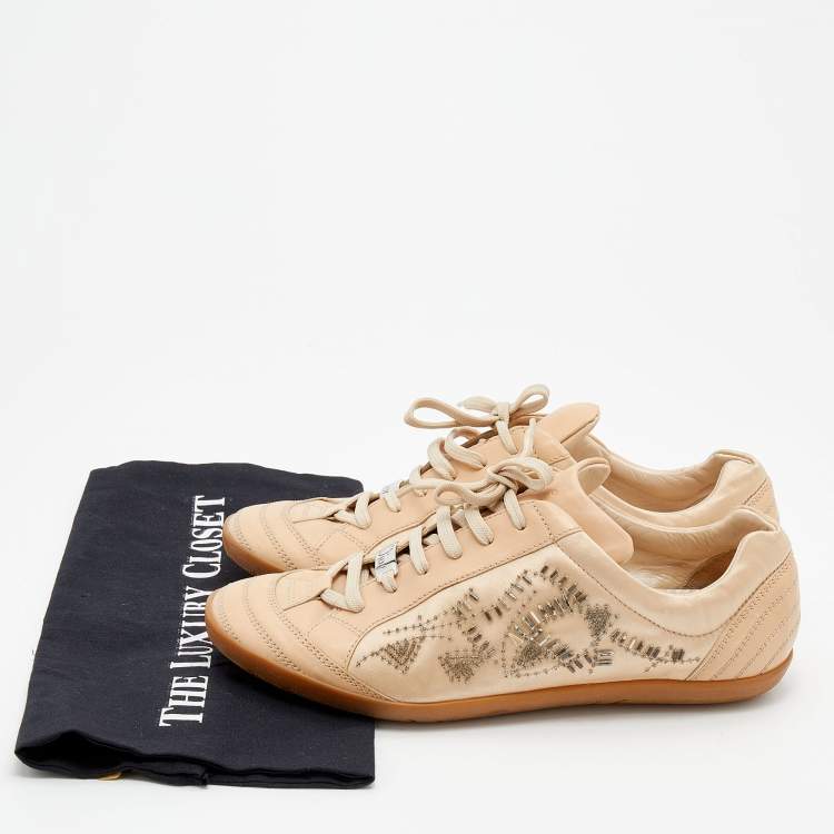 Pre Owned Dior Beige Leather And Satin Embellished Low Top Sneakers Size 40
