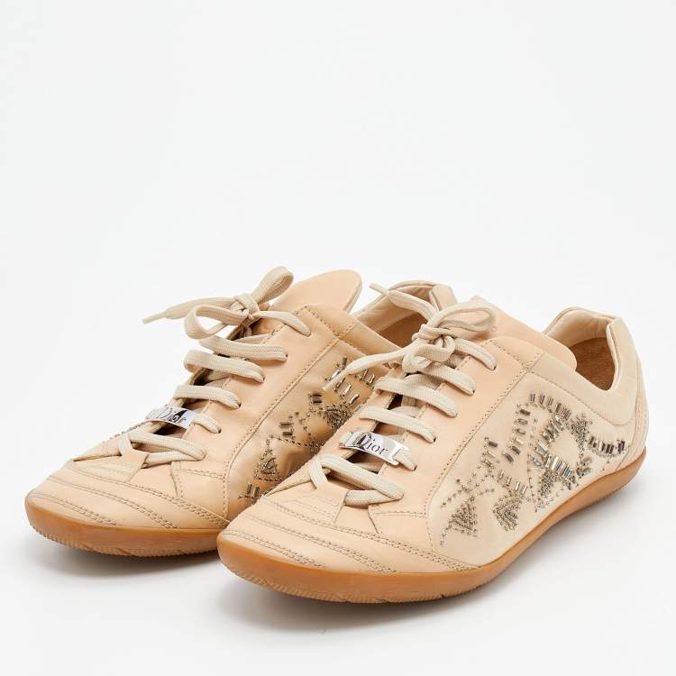 Pre Owned Dior Beige Leather And Satin Embellished Low Top Sneakers Size 40