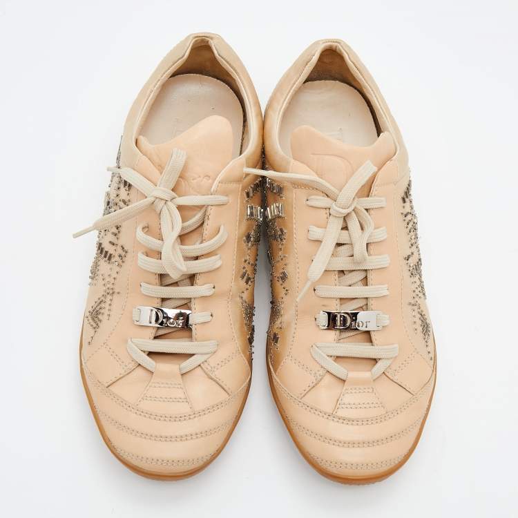 Pre Owned Dior Beige Leather And Satin Embellished Low Top Sneakers Size 40
