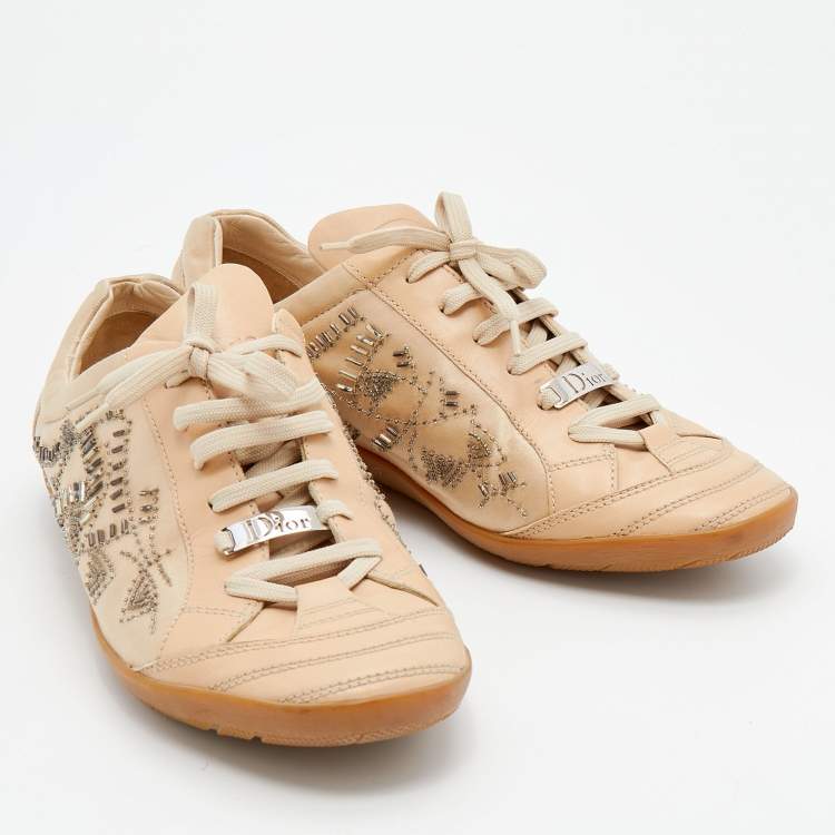 Pre Owned Dior Beige Leather And Satin Embellished Low Top Sneakers Size 40