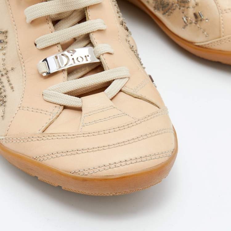 Pre Owned Dior Beige Leather And Satin Embellished Low Top Sneakers Size 40