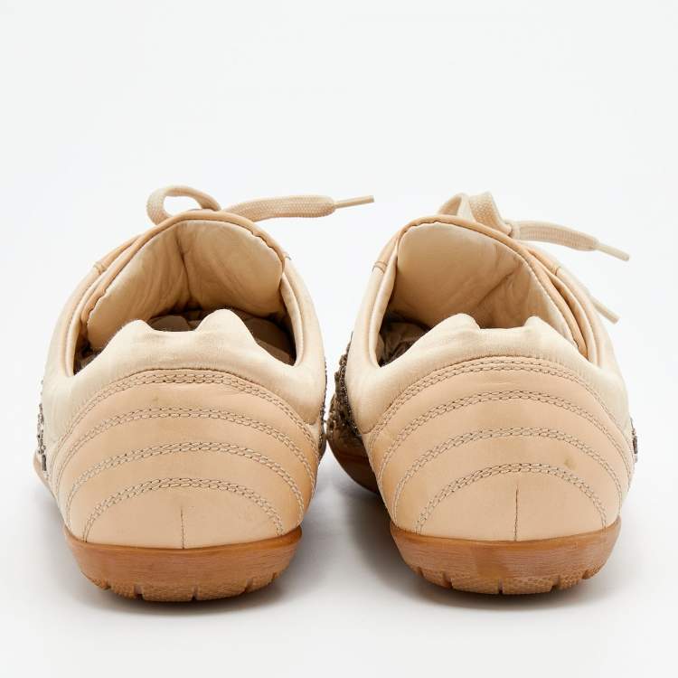 Pre Owned Dior Beige Leather And Satin Embellished Low Top Sneakers Size 40