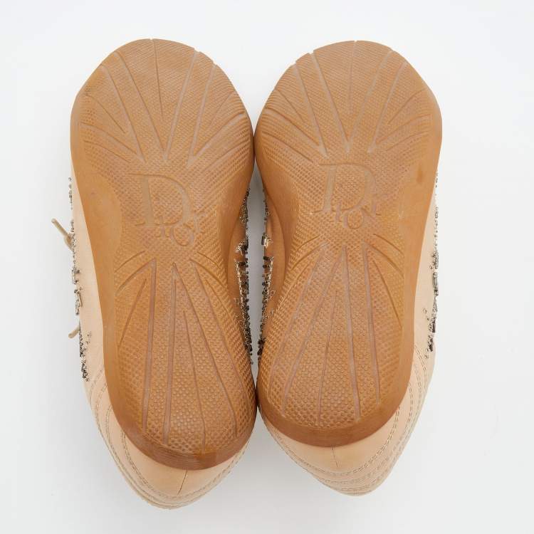 Pre Owned Dior Beige Leather And Satin Embellished Low Top Sneakers Size 40