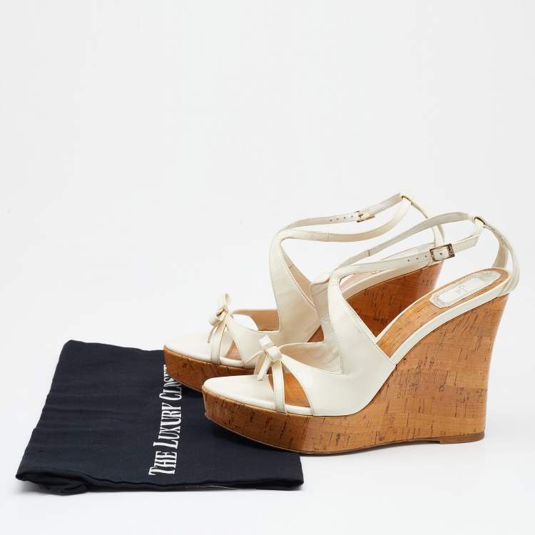 Pre Owned Dior Off White Patent Leather Cork Wedge Platform Sandals Size 39.5