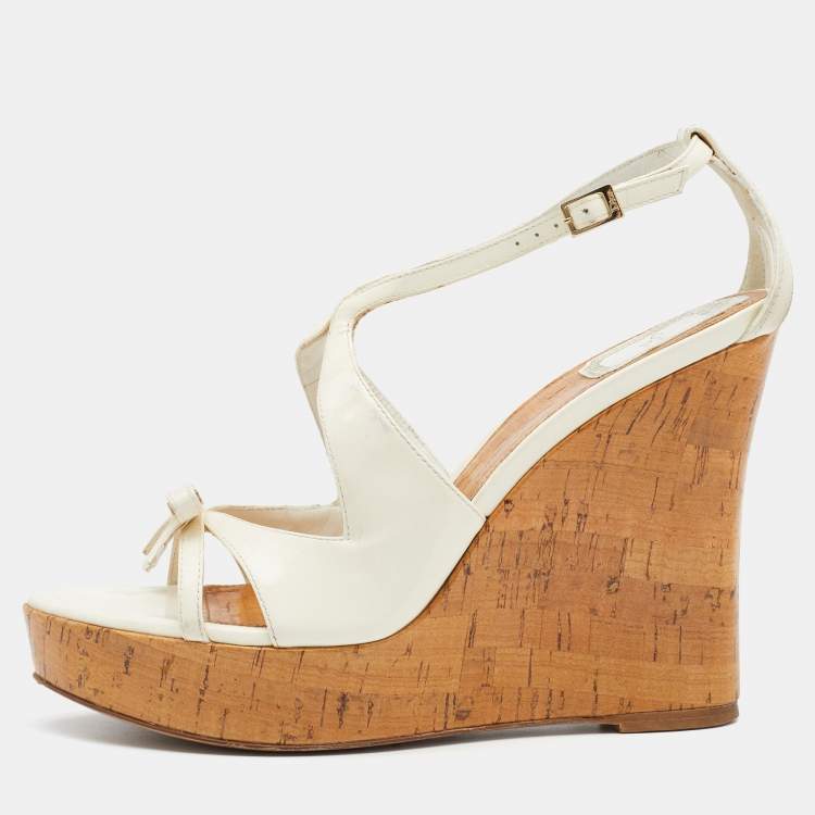 Pre Owned Dior Off White Patent Leather Cork Wedge Platform Sandals Size 39.5