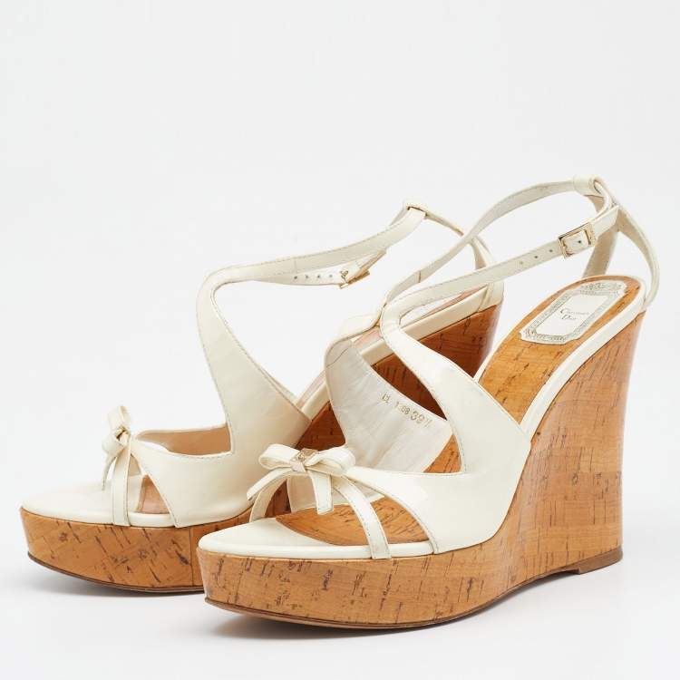 Pre Owned Dior Off White Patent Leather Cork Wedge Platform Sandals Size 39.5