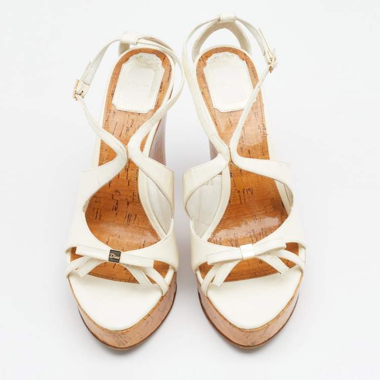 Pre Owned Dior Off White Patent Leather Cork Wedge Platform Sandals Size 39.5