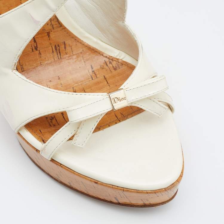 Pre Owned Dior Off White Patent Leather Cork Wedge Platform Sandals Size 39.5
