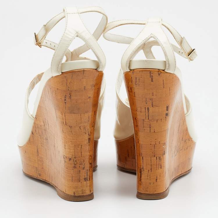 Pre Owned Dior Off White Patent Leather Cork Wedge Platform Sandals Size 39.5