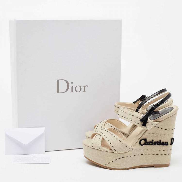 Pre Owned Dior Beige Canvas And Leather Criss Cross Wedge Platform Slingback Sandals Size 36.5