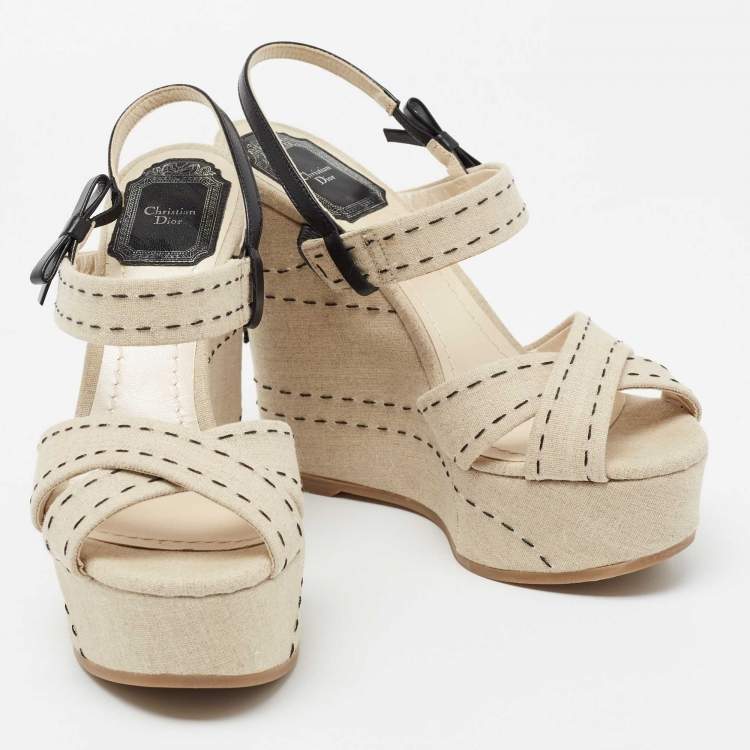 Pre Owned Dior Beige Canvas And Leather Criss Cross Wedge Platform Slingback Sandals Size 36.5