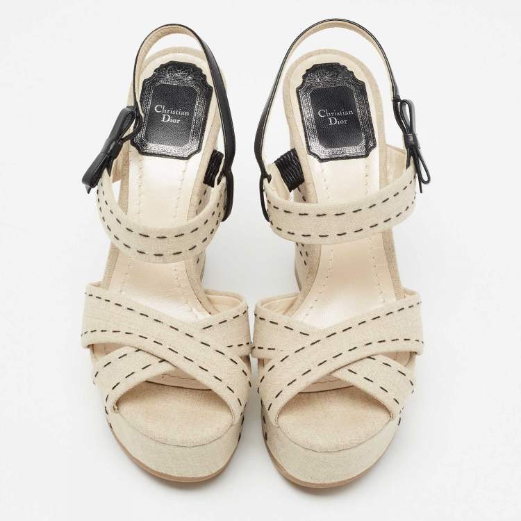 Pre Owned Dior Beige Canvas And Leather Criss Cross Wedge Platform Slingback Sandals Size 36.5