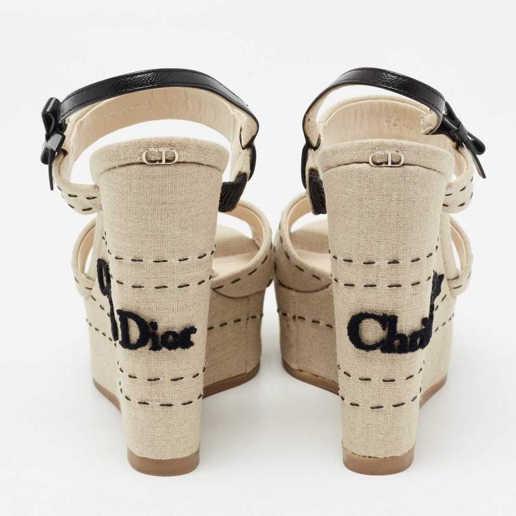 Pre Owned Dior Beige Canvas And Leather Criss Cross Wedge Platform Slingback Sandals Size 36.5