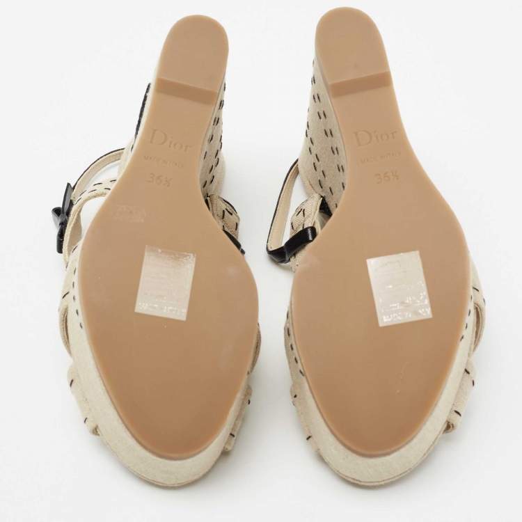 Pre Owned Dior Beige Canvas And Leather Criss Cross Wedge Platform Slingback Sandals Size 36.5