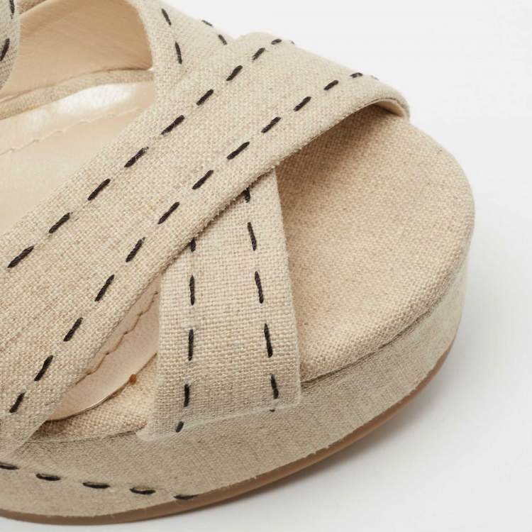 Pre Owned Dior Beige Canvas And Leather Criss Cross Wedge Platform Slingback Sandals Size 36.5