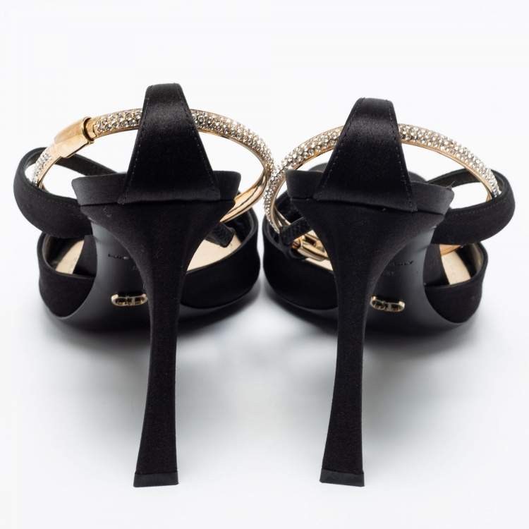 Pre Owned Dior Black Satin And Crystal Ankle Strap Cuff Sandals Size 38.5