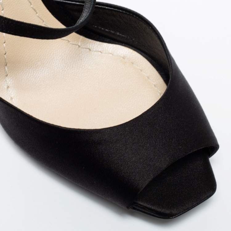 Pre Owned Dior Black Satin And Crystal Ankle Strap Cuff Sandals Size 38.5