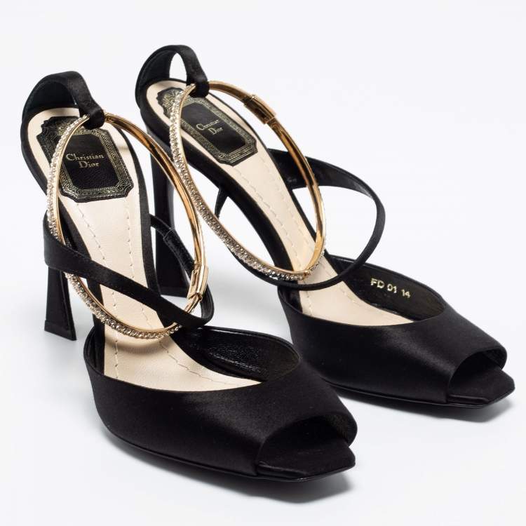 Pre Owned Dior Black Satin And Crystal Ankle Strap Cuff Sandals Size 38.5