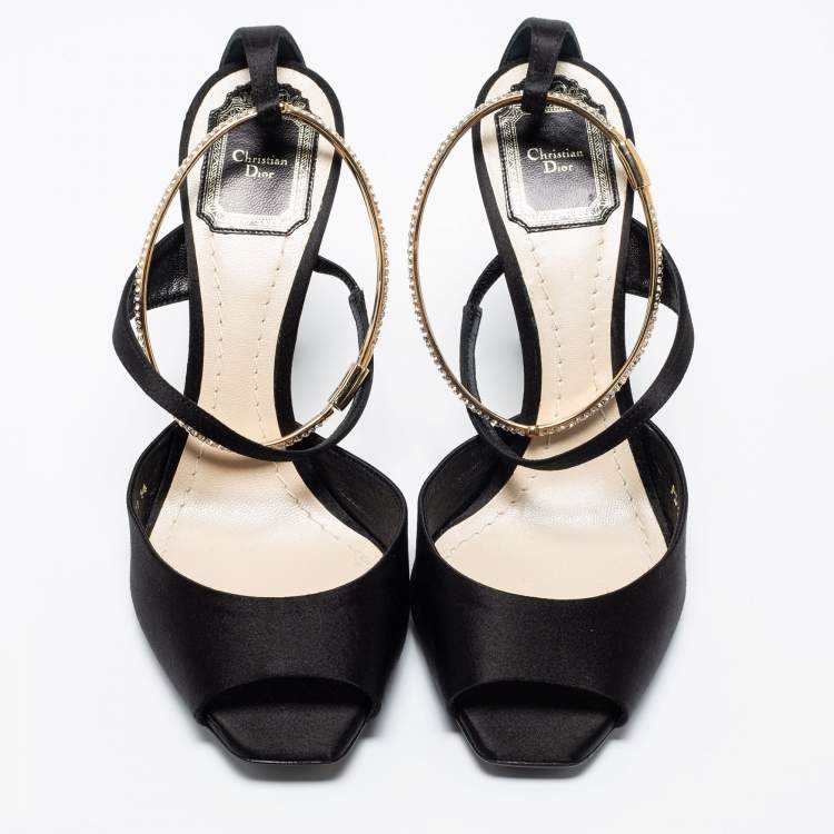 Pre Owned Dior Black Satin And Crystal Ankle Strap Cuff Sandals Size 38.5