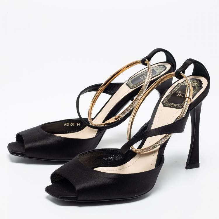 Pre Owned Dior Black Satin And Crystal Ankle Strap Cuff Sandals Size 38.5