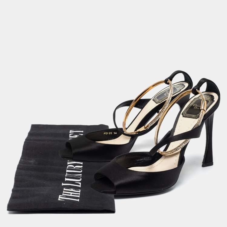 Pre Owned Dior Black Satin And Crystal Ankle Strap Cuff Sandals Size 38.5