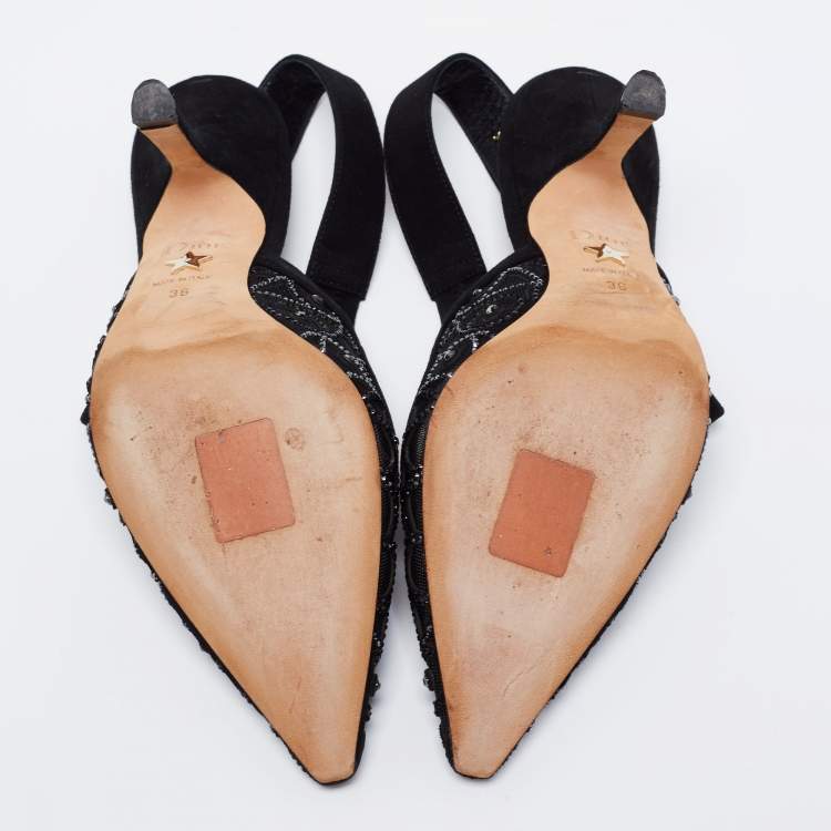 Pre Owned Dior Black Suede Crystal Embellished Slingback Sandals Size 36