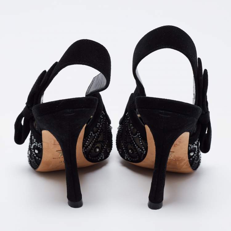Pre Owned Dior Black Suede Crystal Embellished Slingback Sandals Size 36