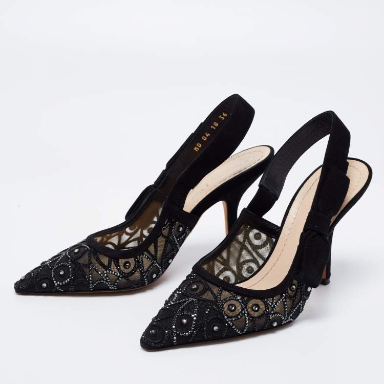 Pre Owned Dior Black Suede Crystal Embellished Slingback Sandals Size 36