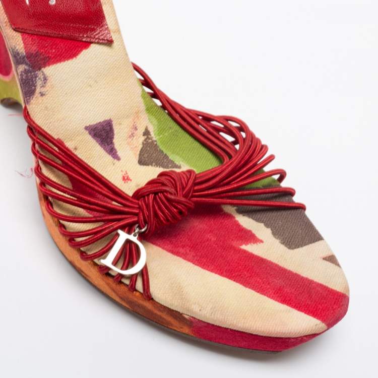 مملوكة مسبقًا Dior Multicolor Print Fabric Wedge Platform Slide Sandals Size 38