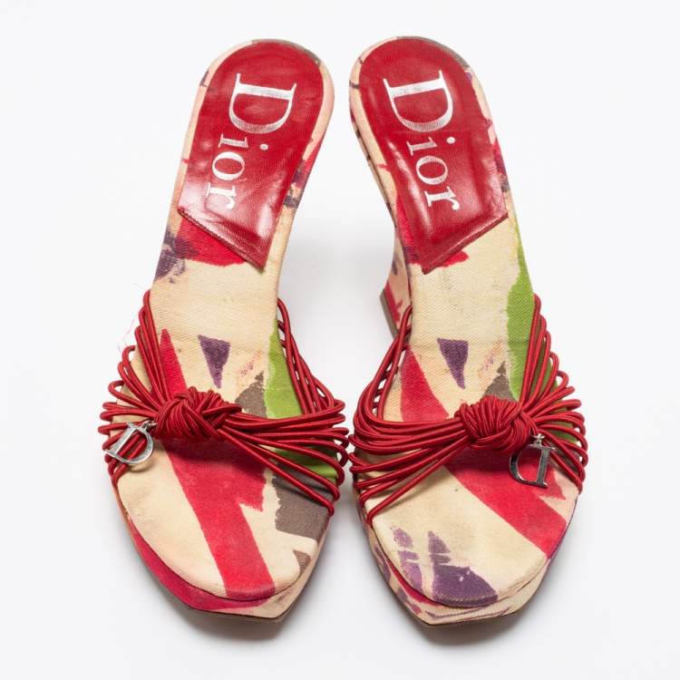 مملوكة مسبقًا Dior Multicolor Print Fabric Wedge Platform Slide Sandals Size 38