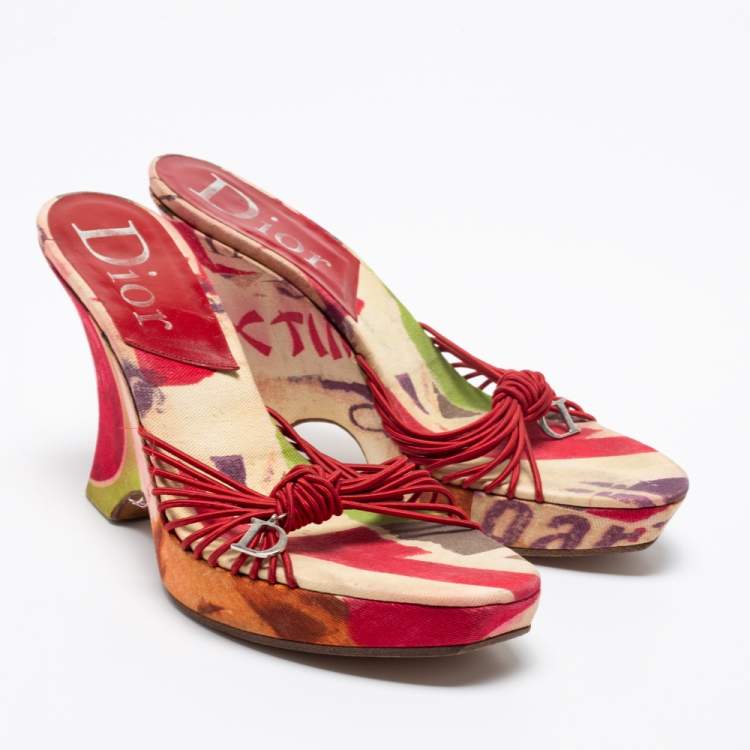 مملوكة مسبقًا Dior Multicolor Print Fabric Wedge Platform Slide Sandals Size 38