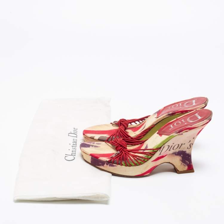 مملوكة مسبقًا Dior Multicolor Print Fabric Wedge Platform Slide Sandals Size 38