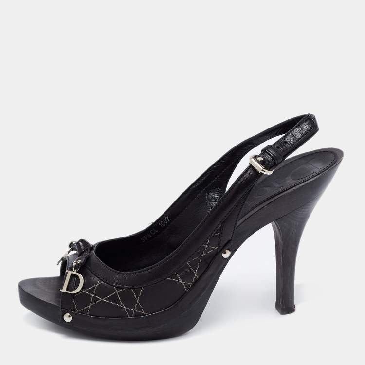 Pre Owned Dior Black Cannage Leather CD Charm Bow Peep-Toe Slingback Pumps Size 38.5