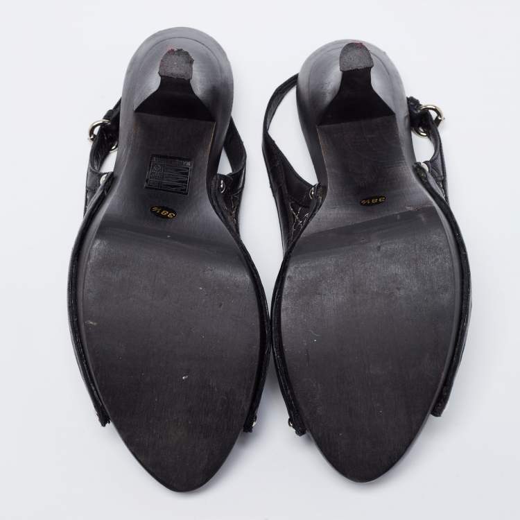 Pre Owned Dior Black Cannage Leather CD Charm Bow Peep-Toe Slingback Pumps Size 38.5